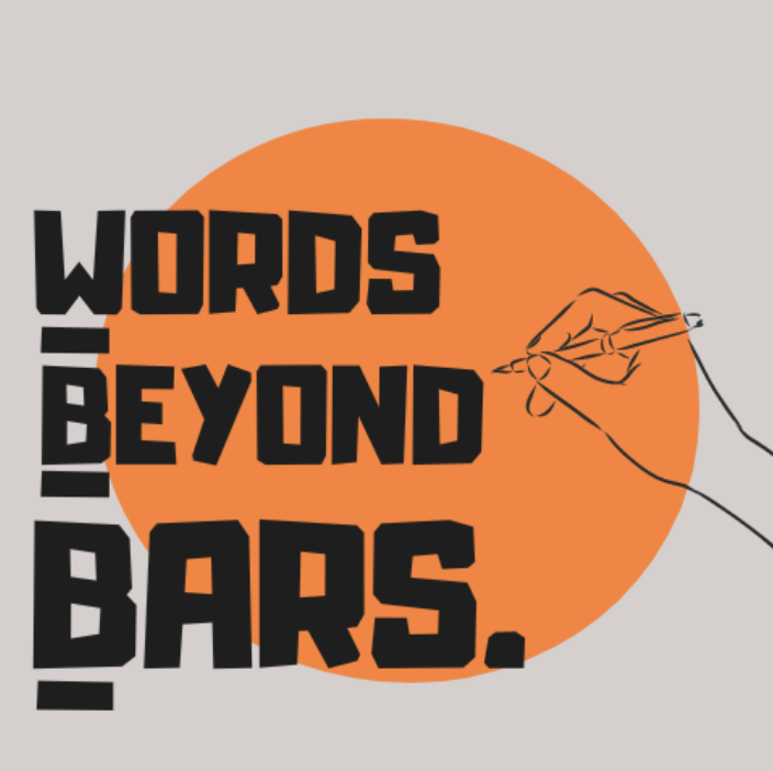 Words Beyond Bars logo. a drawing of a hand writing on an orange spot