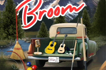 poster for a show mountains, stream, instruments and a broom