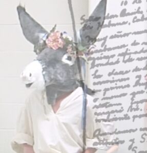 person dressed in white with the head of an ass (donkey) and a letter superimposed on top