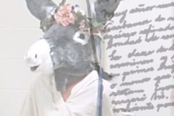 person dressed in white with the head of an ass (donkey) and a letter superimposed on top