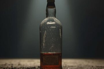 shaft of light from the rafters shining on a half empty liquor bottle