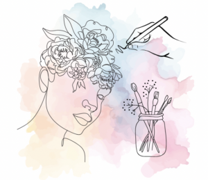 Line drawing with watercolor background depicts a hand drawing, a vase with paintbrushes and flowers in it, and a person with eyes closed and flowers covering their head.