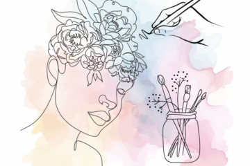 Line drawing with watercolor background depicts a hand drawing, a vase with paintbrushes and flowers in it, and a person with eyes closed and flowers covering their head.