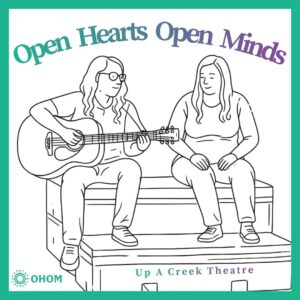 Line drawing of two women sitting near each other smiling while one plays guitar.