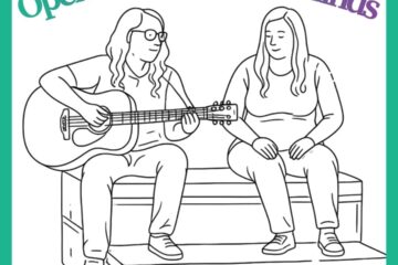 Line drawing of two women sitting near each other smiling while one plays guitar.