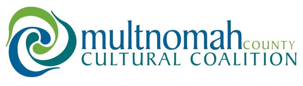Three abstract shapes swirl around each other to form a rounded triangle next to the words "multnomah county cultural coalition" in blue, green, and teal on a white background.