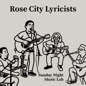 A line drawing of four men playing guitar. Three men are sitting in chairs, and one man is standing at the microphone singing.