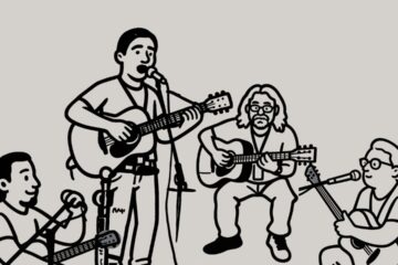 A line drawing of four men playing guitar. Three men are sitting in chairs, and one man is standing at the microphone singing.