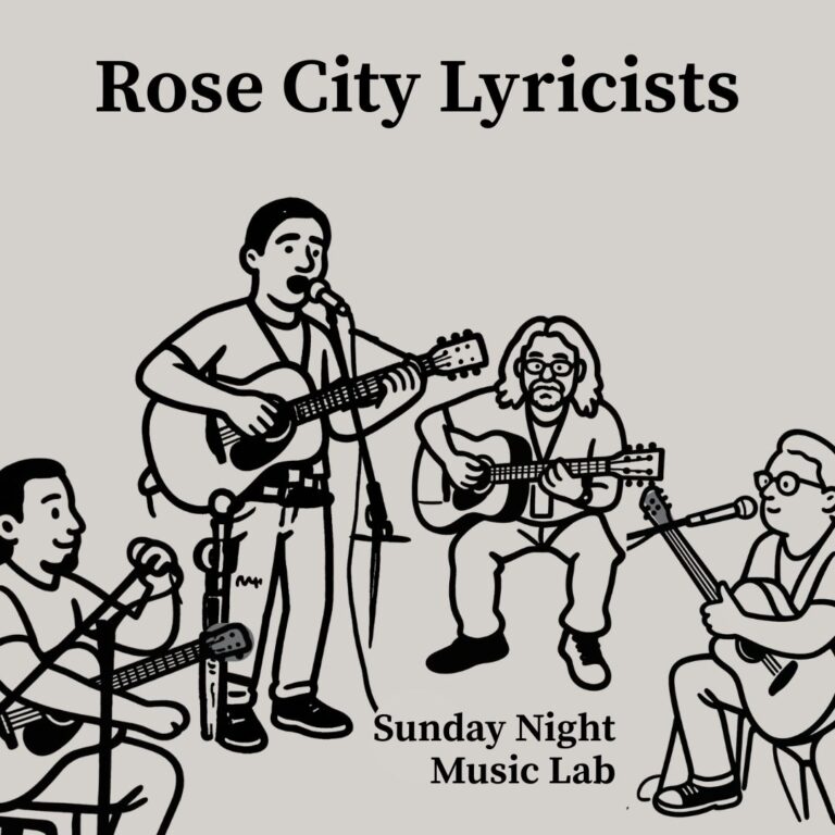 A line drawing of four men playing guitar. Three men are sitting in chairs, and one man is standing at the microphone singing.
