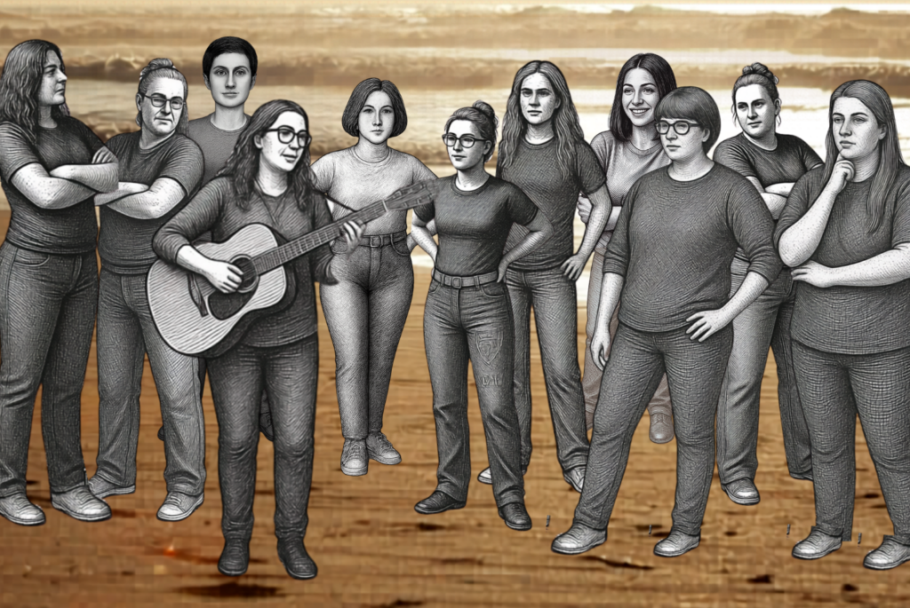 11 women standing on the beach, one woman isplaying guitar