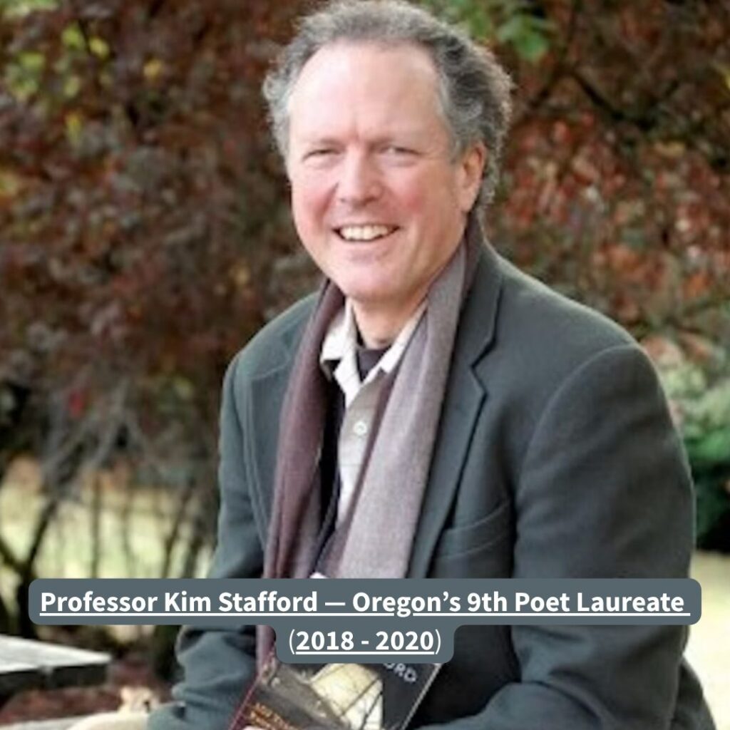 Picture of Kim Stafford holding a book and smiling in nature.